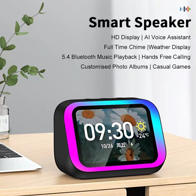 Home Cinema In - KI-Sprachassistent Bluetooth-Lautsprecher mit RGB-Farbbeleuchtung, Wecker, LED-Bildschirm,