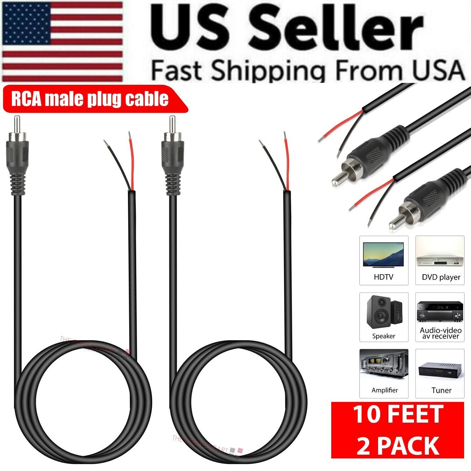 Home Cinema Speaker System - 2er-Pack 10ft RCA-Stecker auf blankes Kabel